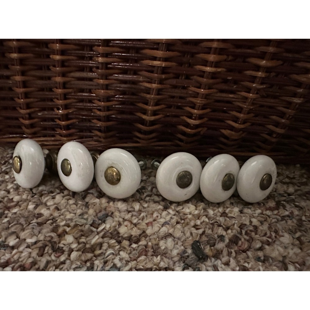 Vintage inspired  1" White Porcelain Ceramic Brass Drawer Cabinet Pull Knobs